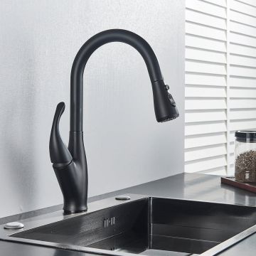 Baterie de bucatarie Kochen Matte, negru mat, cu 2 functii de curgere si dus extractibil, cod 1382