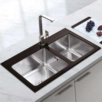 Chiuveta bucatarie inox cu tocator personalizat din sticla temperizata, scurgator vase/paste/fructe, gratar rulabil inox + accesorii, 860x500x220 mm, cod 6068