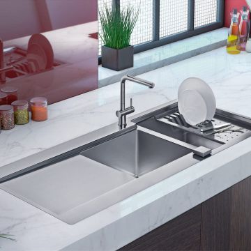 Chiuveta bucatarie inox dubla cu 2 cuve + picurator si ventil automat reversibila stanga/dreapta + accesorii montaj, 1160x500x200 mm cod 6072