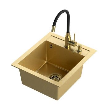 Set chiuveta bucatarie Quadron Art Johnny 100 si baterie Maggie finisaj auriu 43x50 cm