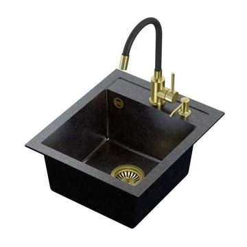 Set chiuveta bucatarie Quadron Art Johnny 100 si baterie Maggie finisaj auriu - negru 43x50 cm