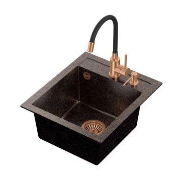 Set chiuveta bucatarie Quadron Art Johnny 100 si baterie Maggie finisaj cupru - negru 43x50 cm