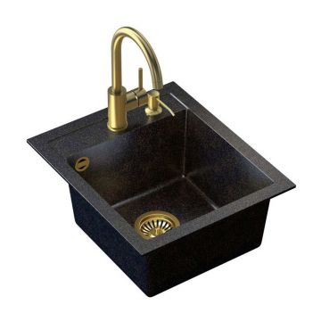 Set chiuveta bucatarie Quadron Art Johnny 100 si baterie Naomi finisaj auriu - negru 43x50 cm