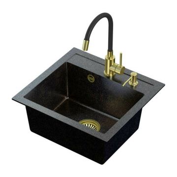 Set chiuveta bucatarie Quadron Art Johnny 110 si baterie Maggie finisaj auriu - negru 50x47 cm