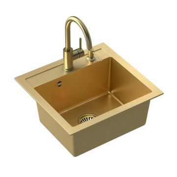 Set chiuveta bucatarie Quadron Art Johnny 110 si baterie Naomi finisaj auriu 50x47 cm