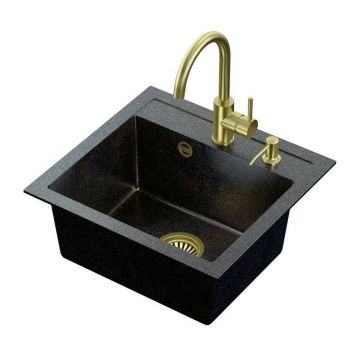 Set chiuveta bucatarie Quadron Art Johnny 110 si baterie Naomi finisaj auriu - negru 50x47 cm
