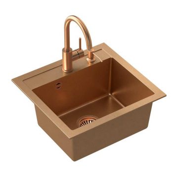 Set chiuveta bucatarie Quadron Art Johnny 110 si baterie Naomi finisaj cupru 50x47 cm