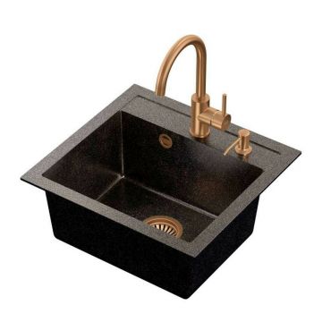 Set chiuveta bucatarie Quadron Art Johnny 110 si baterie Naomi finisaj cupru - negru 50x47 cm