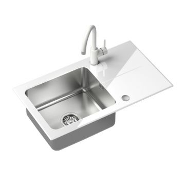 Set chiuveta bucatarie Quadron Pop Hugh 111 si baterie Naomi finisaj inox - alb 77x44 cm