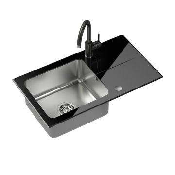 Set chiuveta bucatarie Quadron Pop Hugh 111 si baterie Naomi finisaj inox - negru 77x44 cm