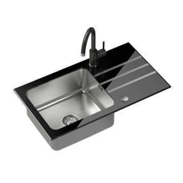 Set chiuveta bucatarie Quadron Pop Jack 111 si baterie Naomi finisaj inox - negru 77x44 cm