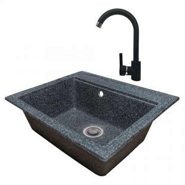 Set chiuveta si baterie Hausberg Vena, granit-compozit, negru, 50 x 60 cm