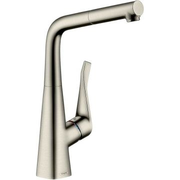 Baterie bucatarie cu dus extractibil crom periat Hansgrohe Metris M71 320 cu 1 jet