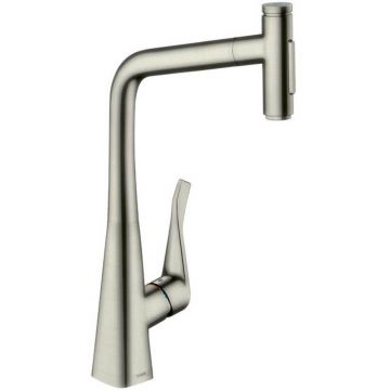 Baterie bucatarie cu dus extractibil crom periat Hansgrohe Metris M71 320 cu 2 jeturi