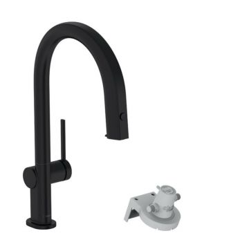 Baterie bucatarie cu dus extractibil si filtru de apa negru mat Hansgrohe Aquittura Select M91 210 cu 1 jet