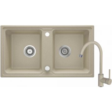 Set chiuveta bucatarie 2 cuve si baterie Deante Zorba finisaj bej 78x44cm