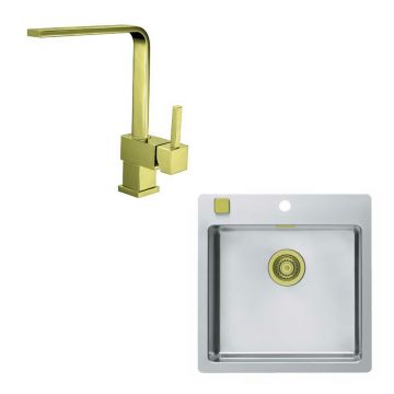 Set chiuveta bucatarie Alveus Pure 30 inox 52x53 cm si baterie Laguna Monarch auriu