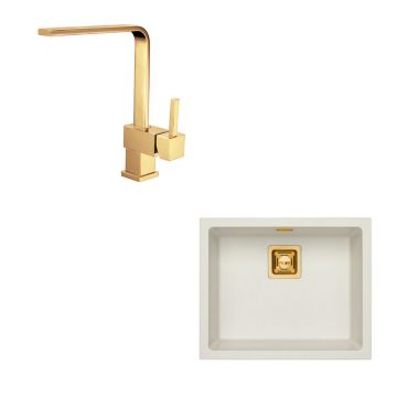 Set chiuveta bucatarie Alveus Quadrix 50 alb 56x46 cm si baterie Laguna Monarch bronz