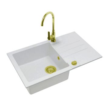 Set chiuveta bucatarie Alveus Rock 130 alb 78x48 cm si baterie Lola Monarch auriu