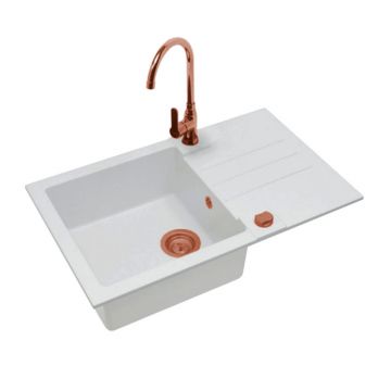 Set chiuveta bucatarie Alveus Rock 130 alb 78x48 cm si baterie Lola Monarch cupru