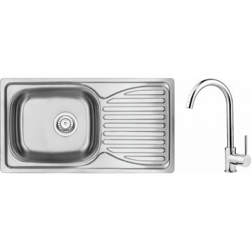 Set chiuveta bucatarie si baterie Deante Doppio 78x43 cm finisaj inox-satin