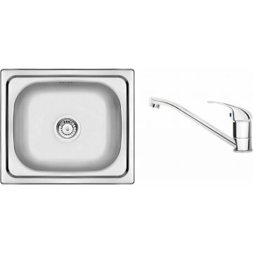 Set chiuveta bucatarie si baterie Deante Doppio finisaj inox-satin 48x43 cm