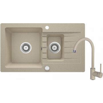 Set chiuveta bucatarie si baterie Deante Zorba finisaj bej 2 cuve 76x44cm