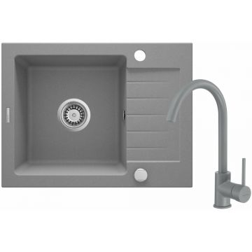 Set chiuveta bucatarie si baterie Deante Zorba finisaj gri-metalic 58x44cm