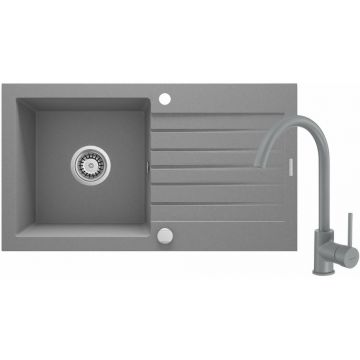 Set chiuveta bucatarie si baterie Deante Zorba finisaj gri-metalic 76x44cm