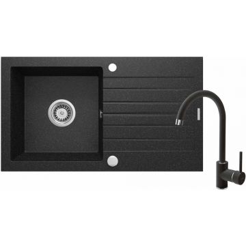 Set chiuveta bucatarie si baterie Deante Zorba finisaj negru-grafit 76x44cm